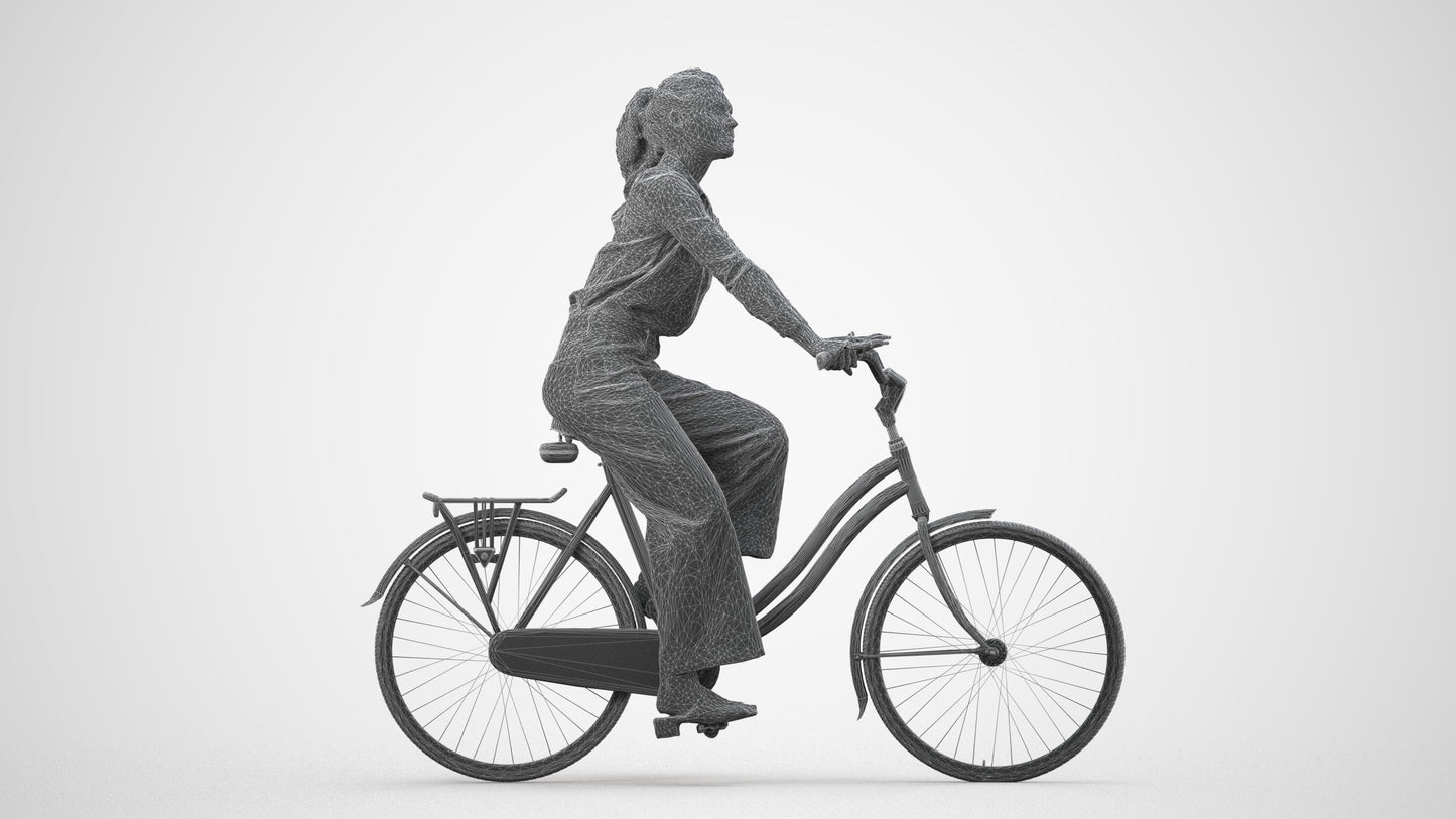 3D scanned woman cycling casual, photorealistic archviz people for Enscape and SketchUp, wireframe side view