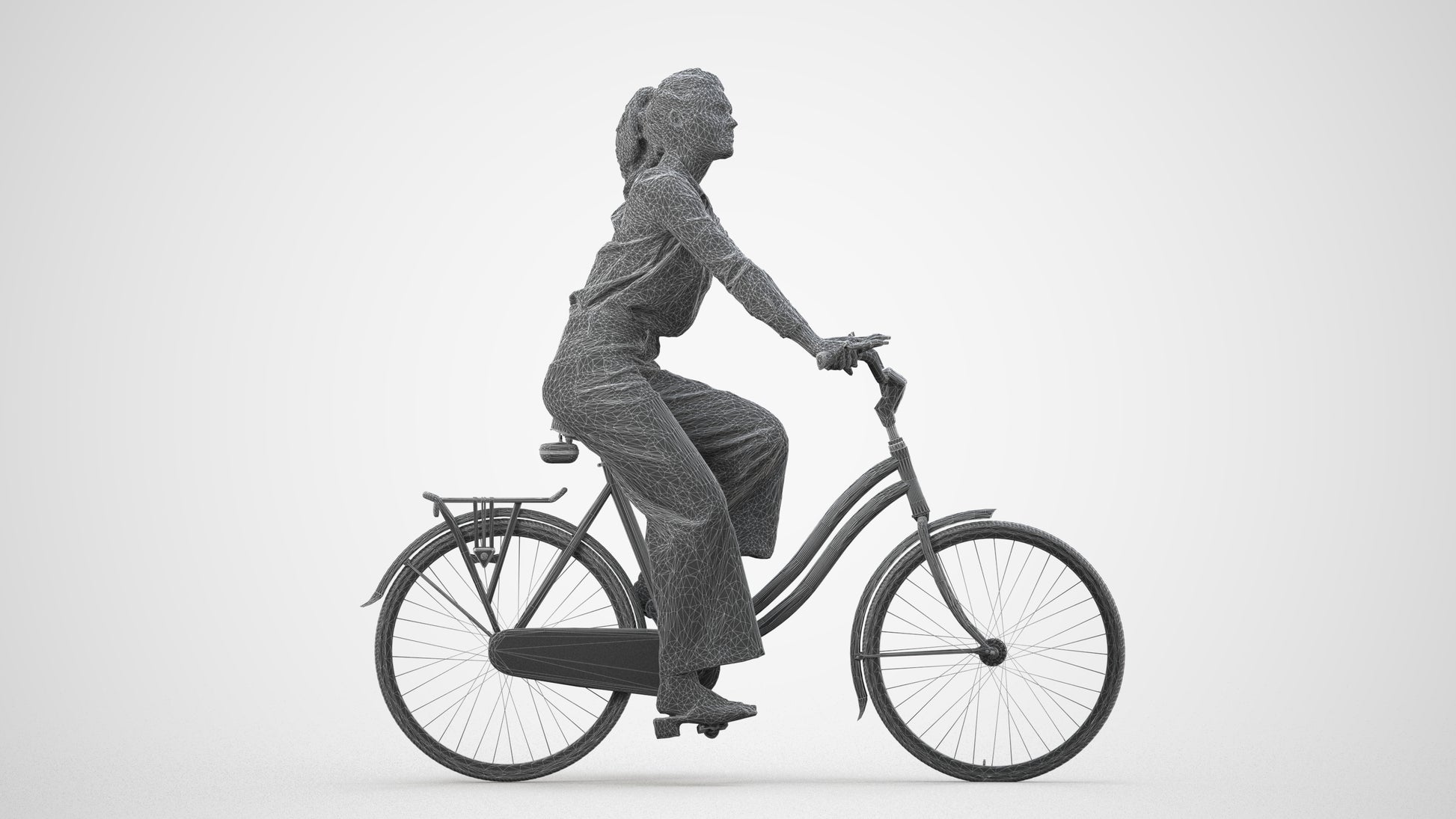 3D scanned woman cycling casual, photorealistic archviz people for Enscape and SketchUp, wireframe side view
