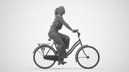 3D scanned woman cycling casual, photorealistic archviz people for Enscape and SketchUp, wireframe side view