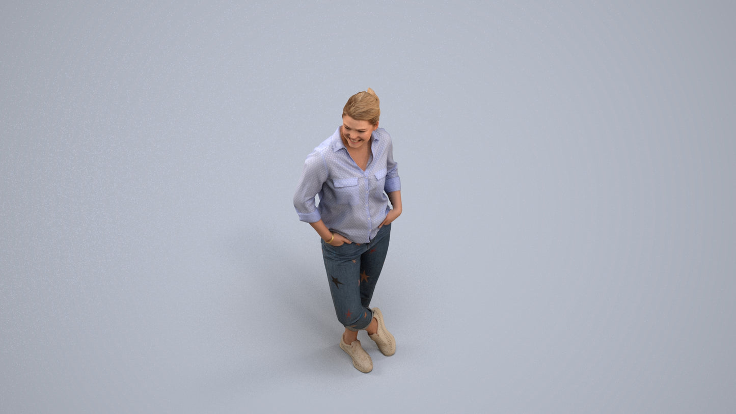 3D scanned woman standing casual, photorealistic archviz people for Enscape and SketchUp, back view render