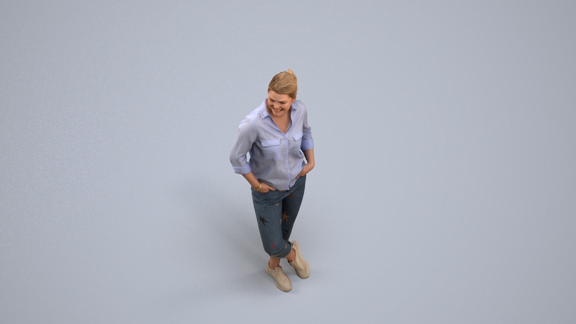 3D scanned woman standing casual, photorealistic archviz people for Enscape and SketchUp, back view render