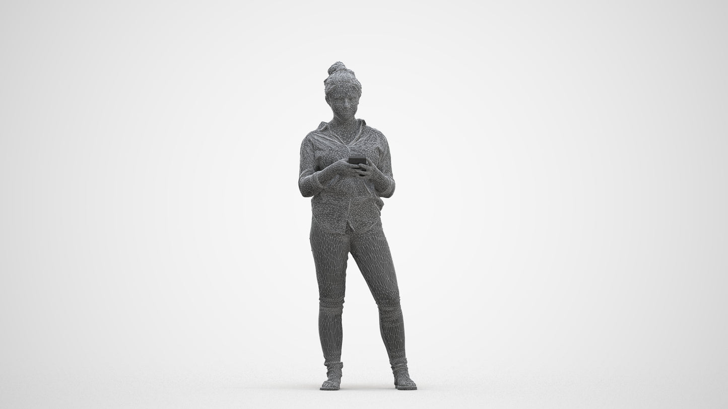 3D scanned woman standing casual, photorealistic archviz people for Enscape and SketchUp, three-quarter front view render