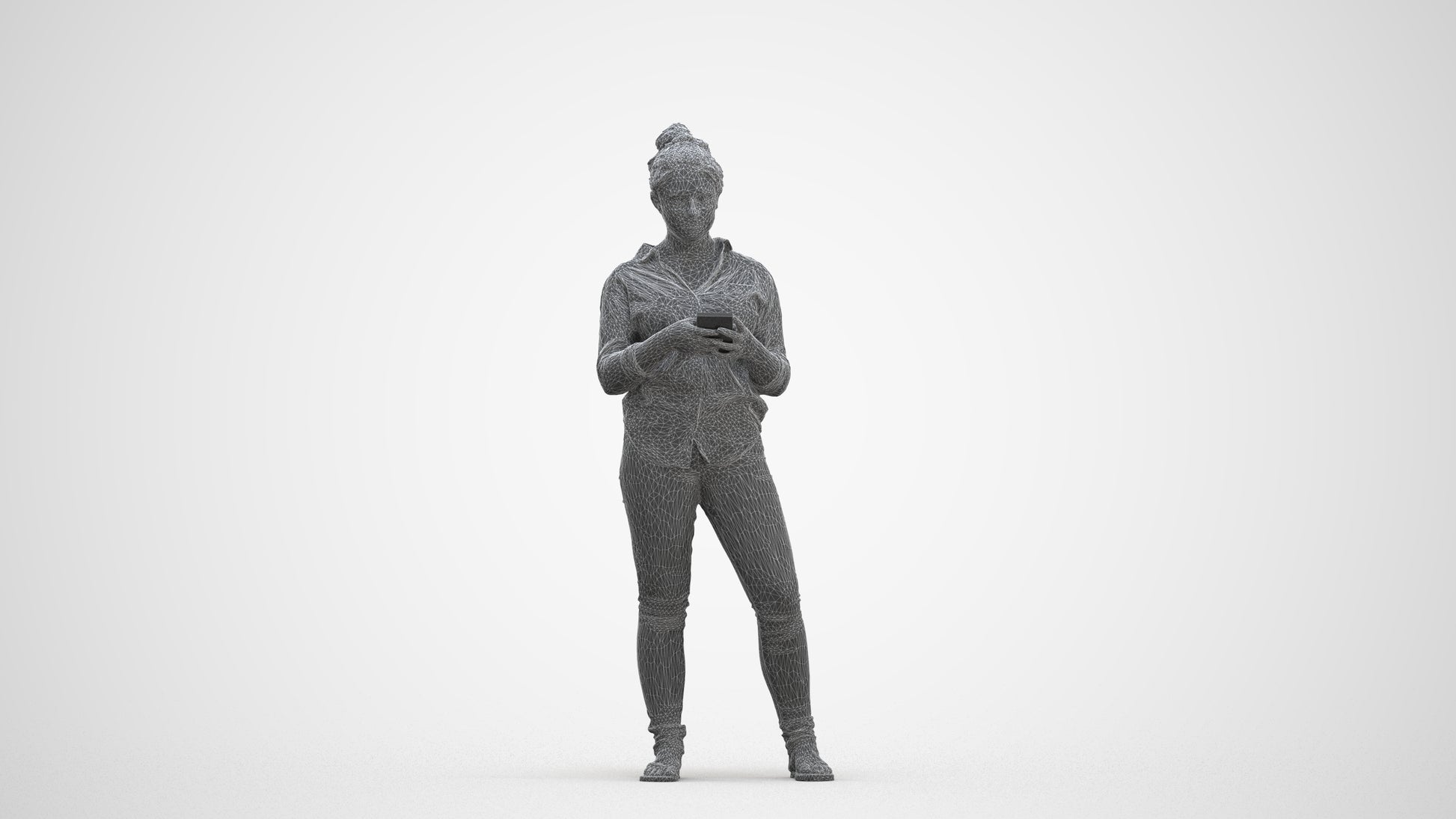 3D scanned woman standing casual, photorealistic archviz people for Enscape and SketchUp, three-quarter front view render