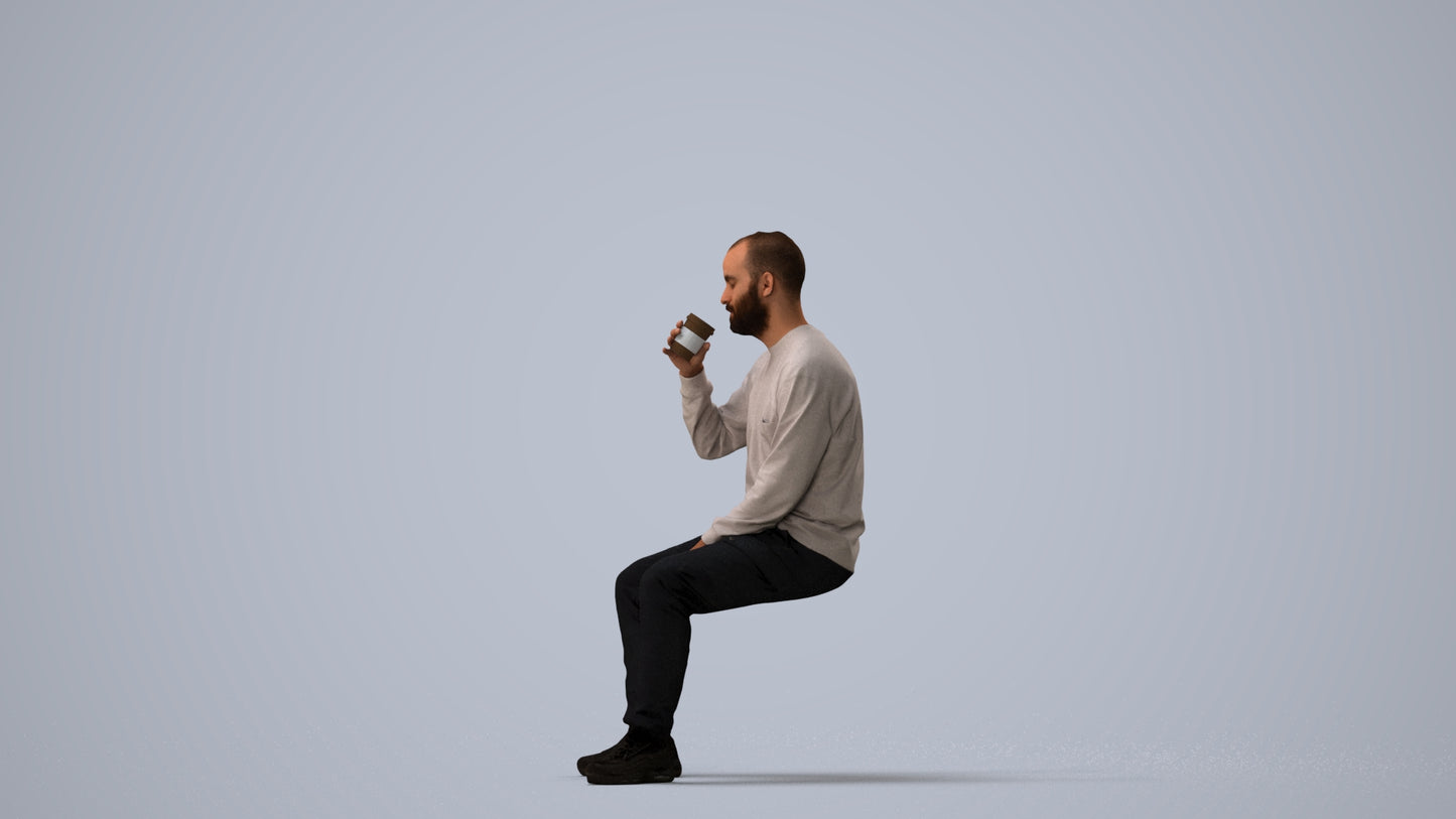 3D people model man casual sitting, scanned human for 3ds Max rendering, three-quarter view render