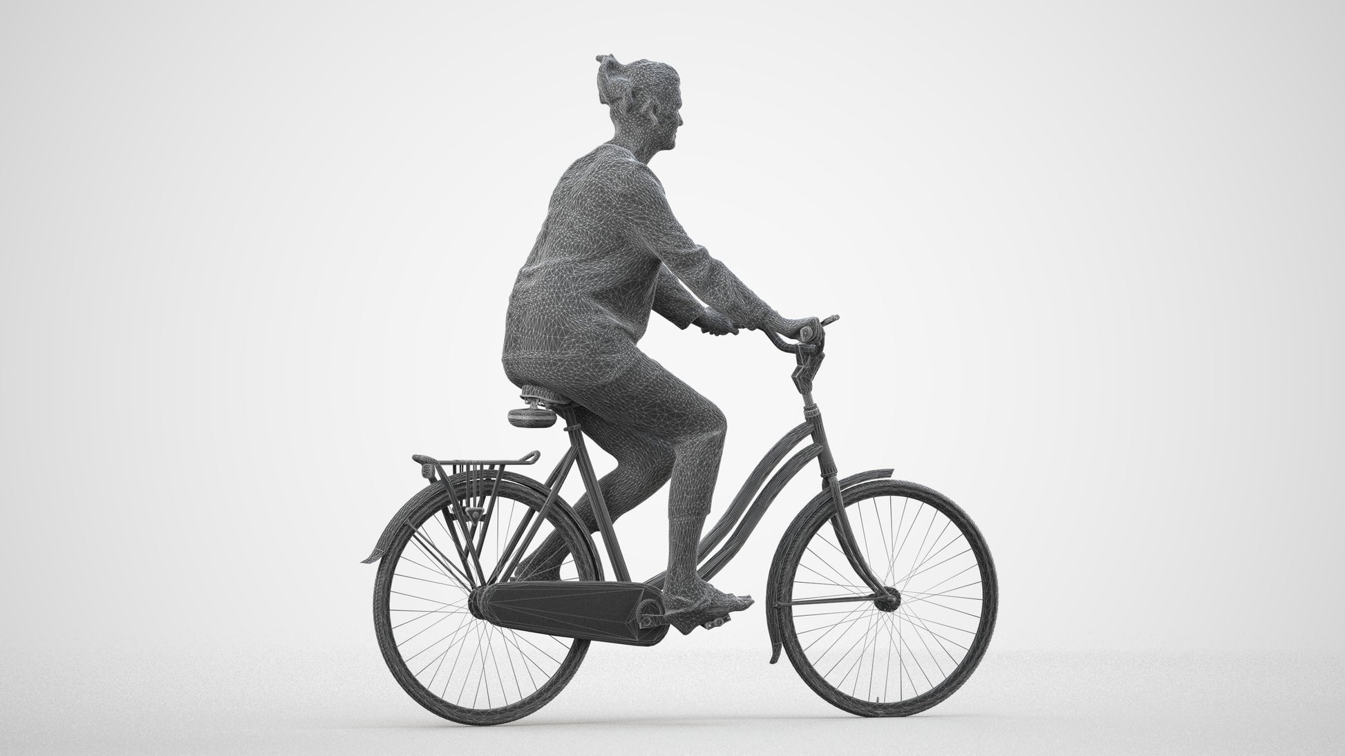 3D scanned woman cycling casual, photorealistic archviz people for Enscape and SketchUp, wireframe side view