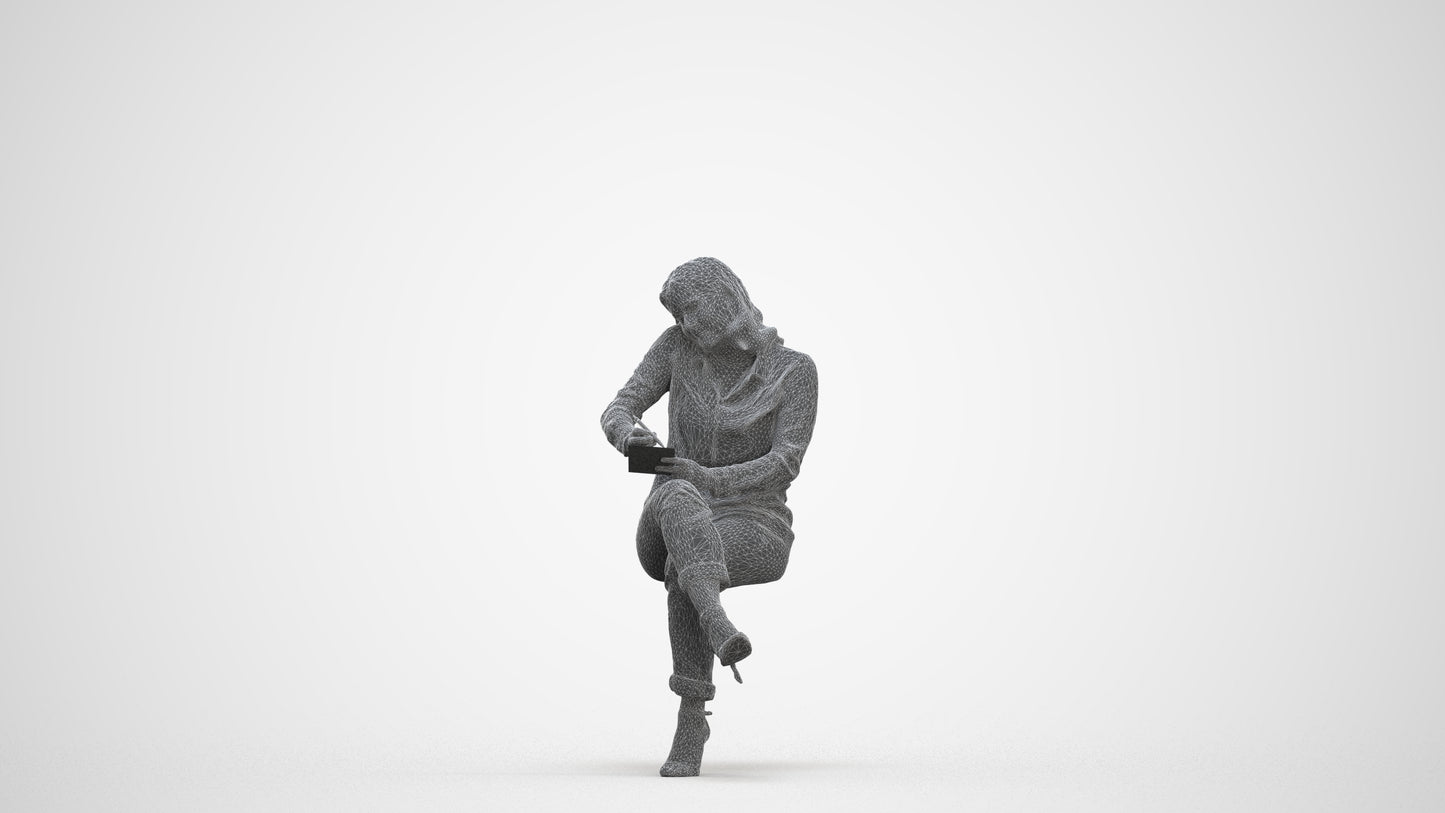 realistic 3D human woman casual sitting, archviz people FBX OBJ for Blender, three-quarter front view render