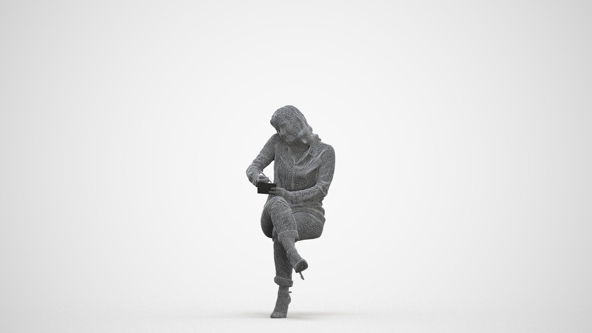 realistic 3D human woman casual sitting, archviz people FBX OBJ for Blender, three-quarter front view render