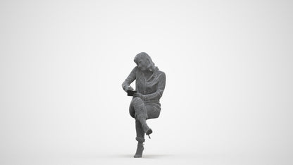 realistic 3D human woman casual sitting, archviz people FBX OBJ for Blender, three-quarter front view render