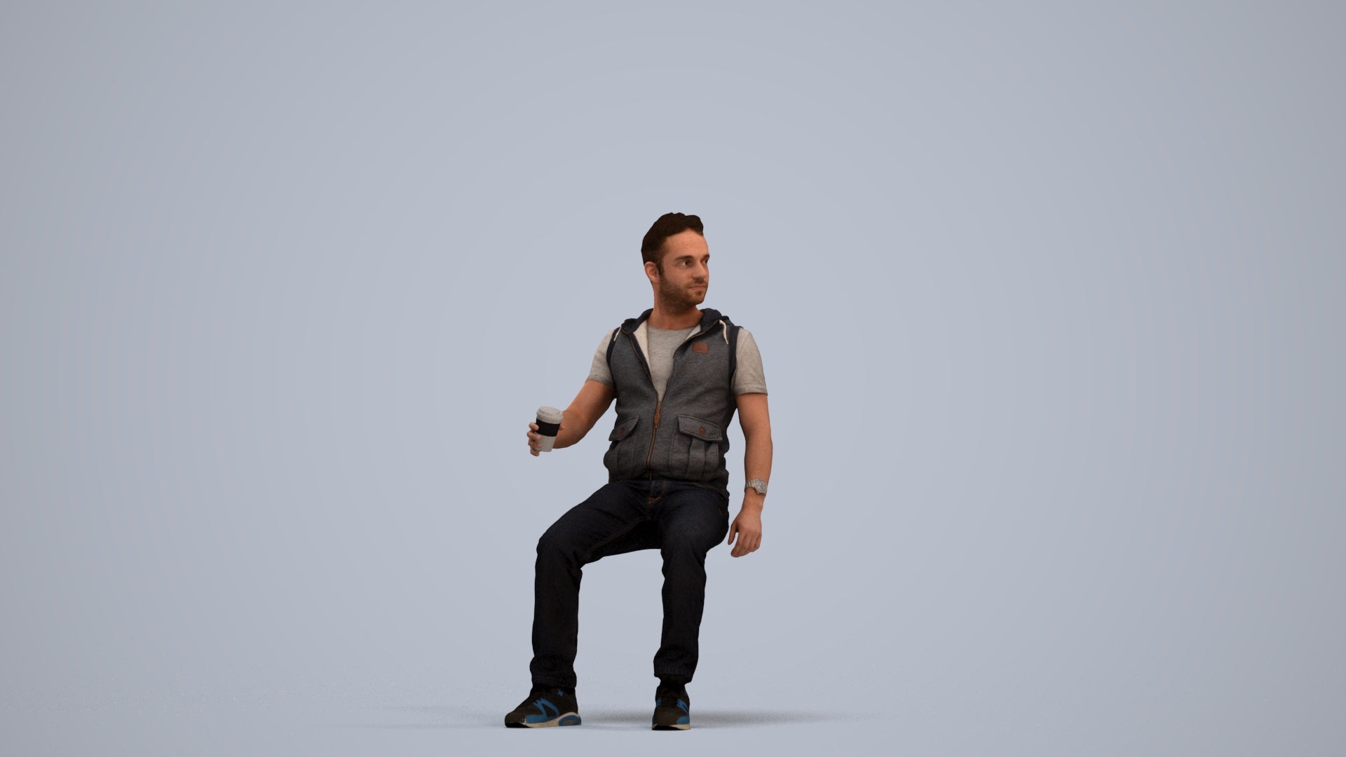 realistic 3D human man casual sitting, archviz people FBX OBJ for Blender, standing pose render