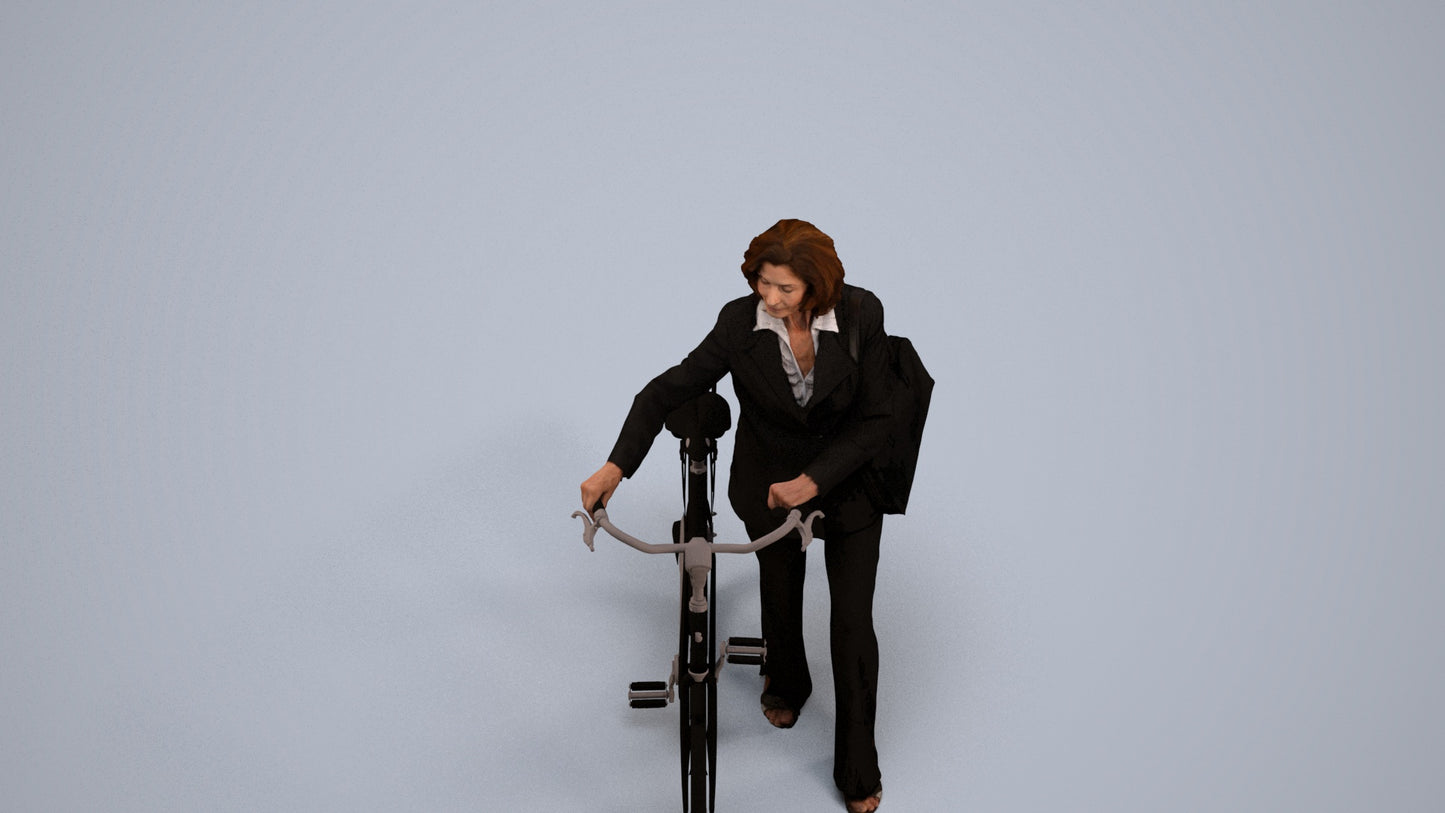 3D scanned senior woman cycling business, photorealistic archviz people for Enscape and SketchUp, back view render