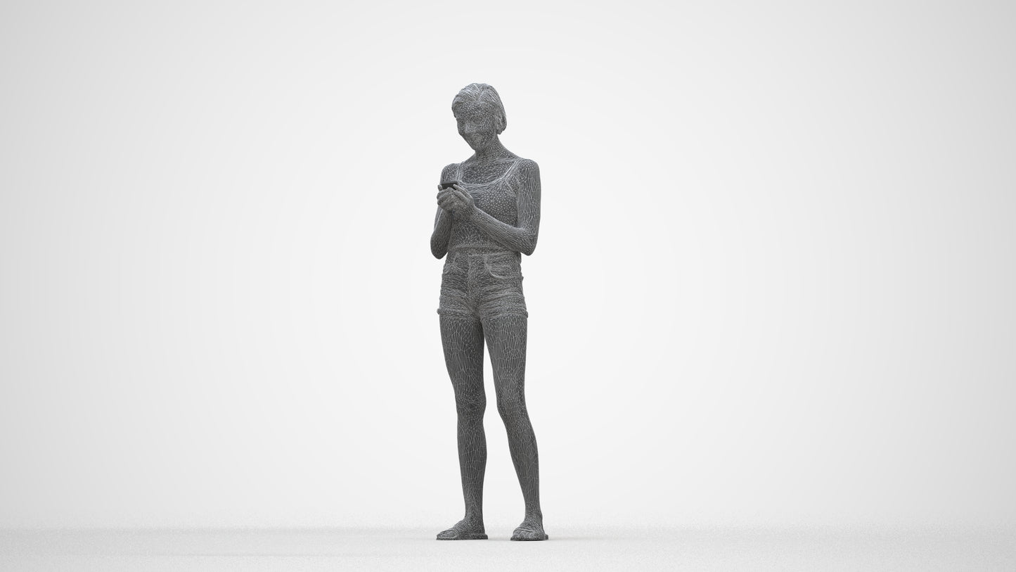 3D human model woman casual standing, photogrammetry scanned person for archviz, wireframe back view