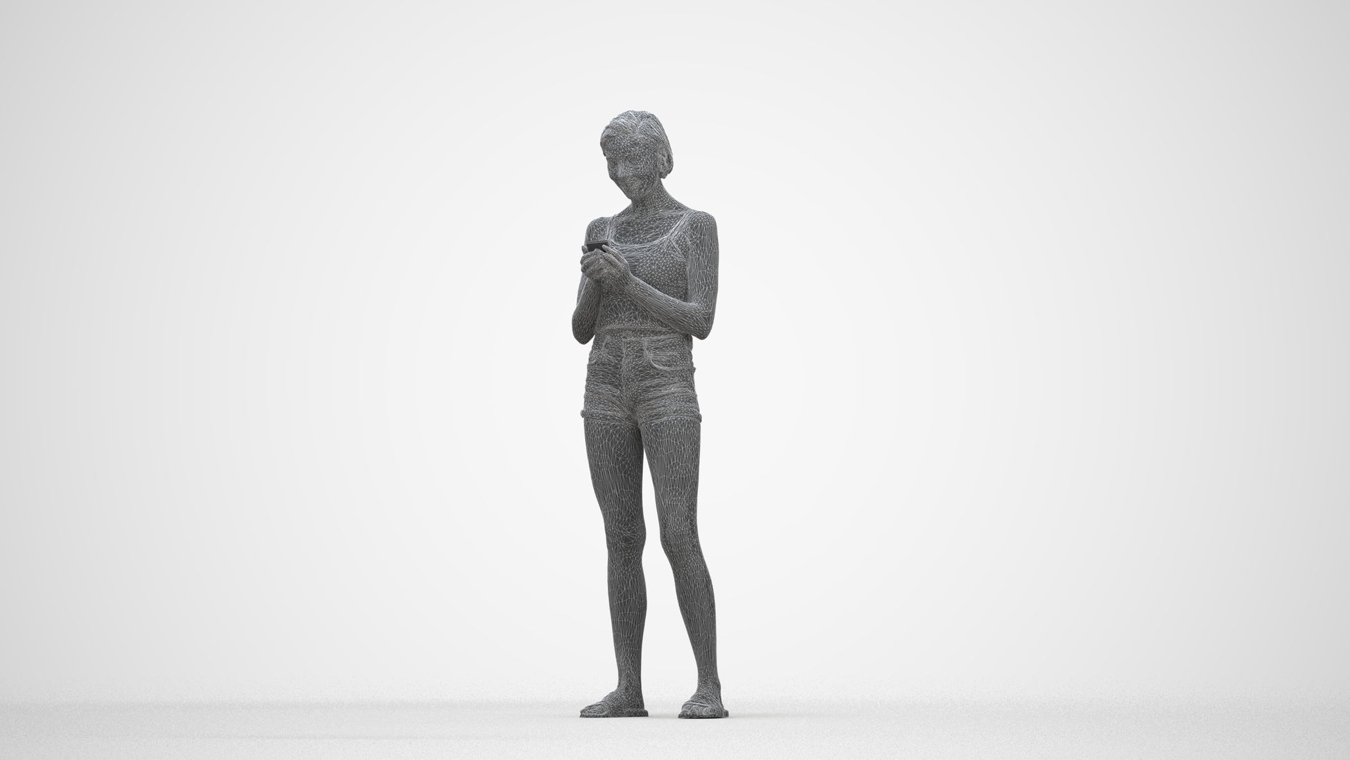 3D human model woman casual standing, photogrammetry scanned person for archviz, wireframe back view