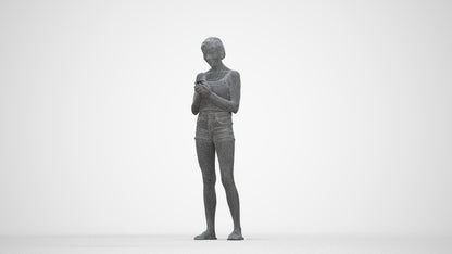 3D human model woman casual standing, photogrammetry scanned person for archviz, wireframe back view