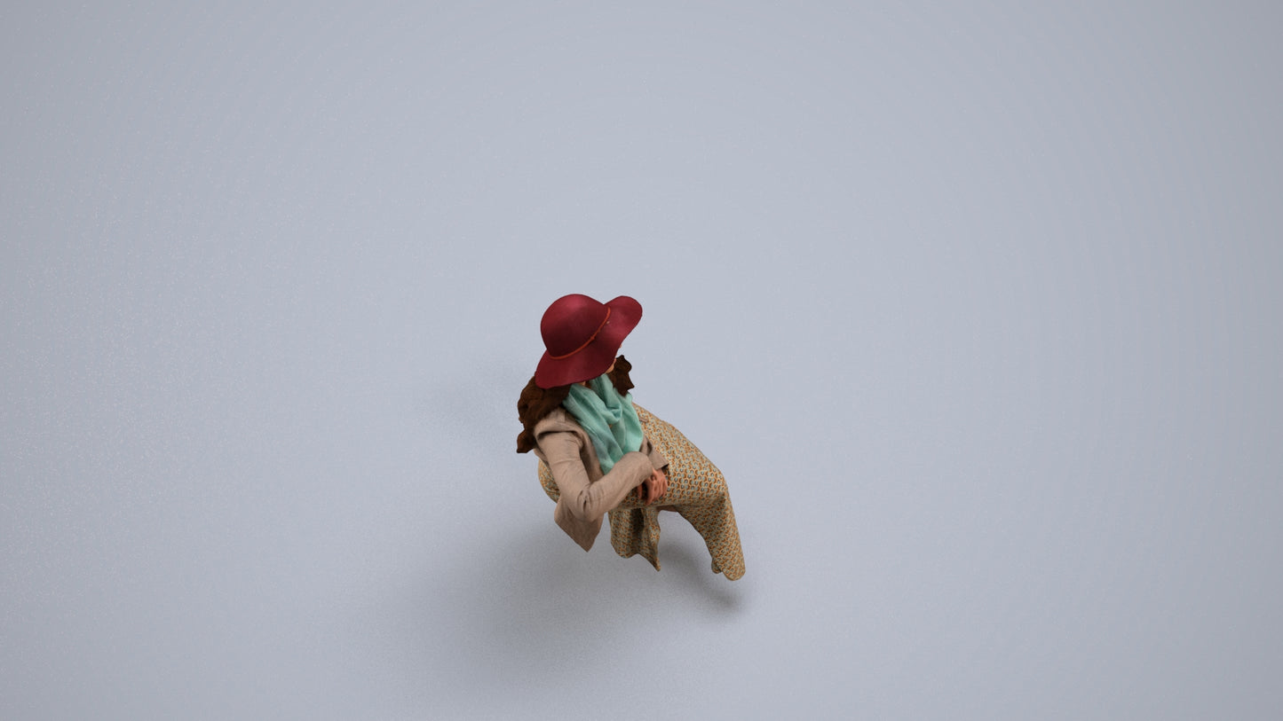 realistic 3D human woman casual sitting, archviz people FBX OBJ for Blender, back view render