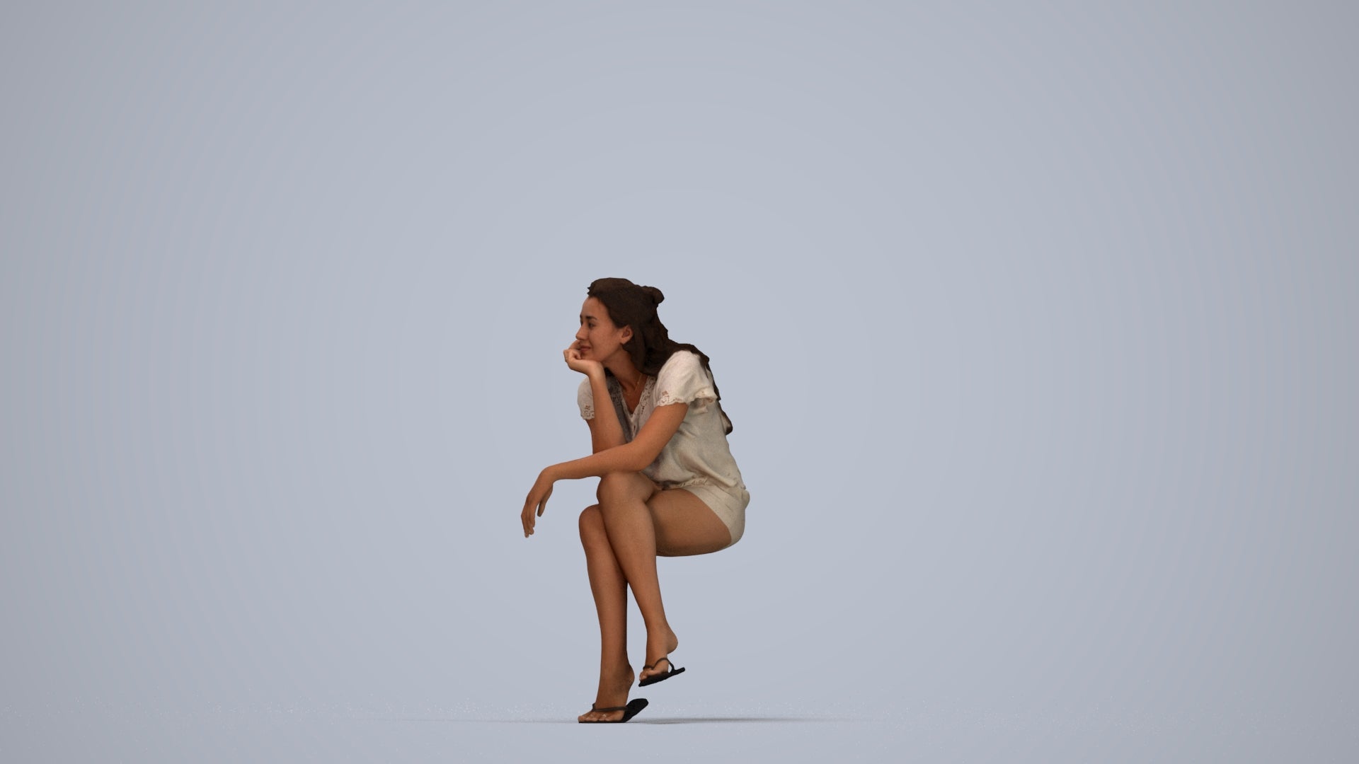 realistic 3D human woman casual sitting, archviz people FBX OBJ for Blender, top-down view render