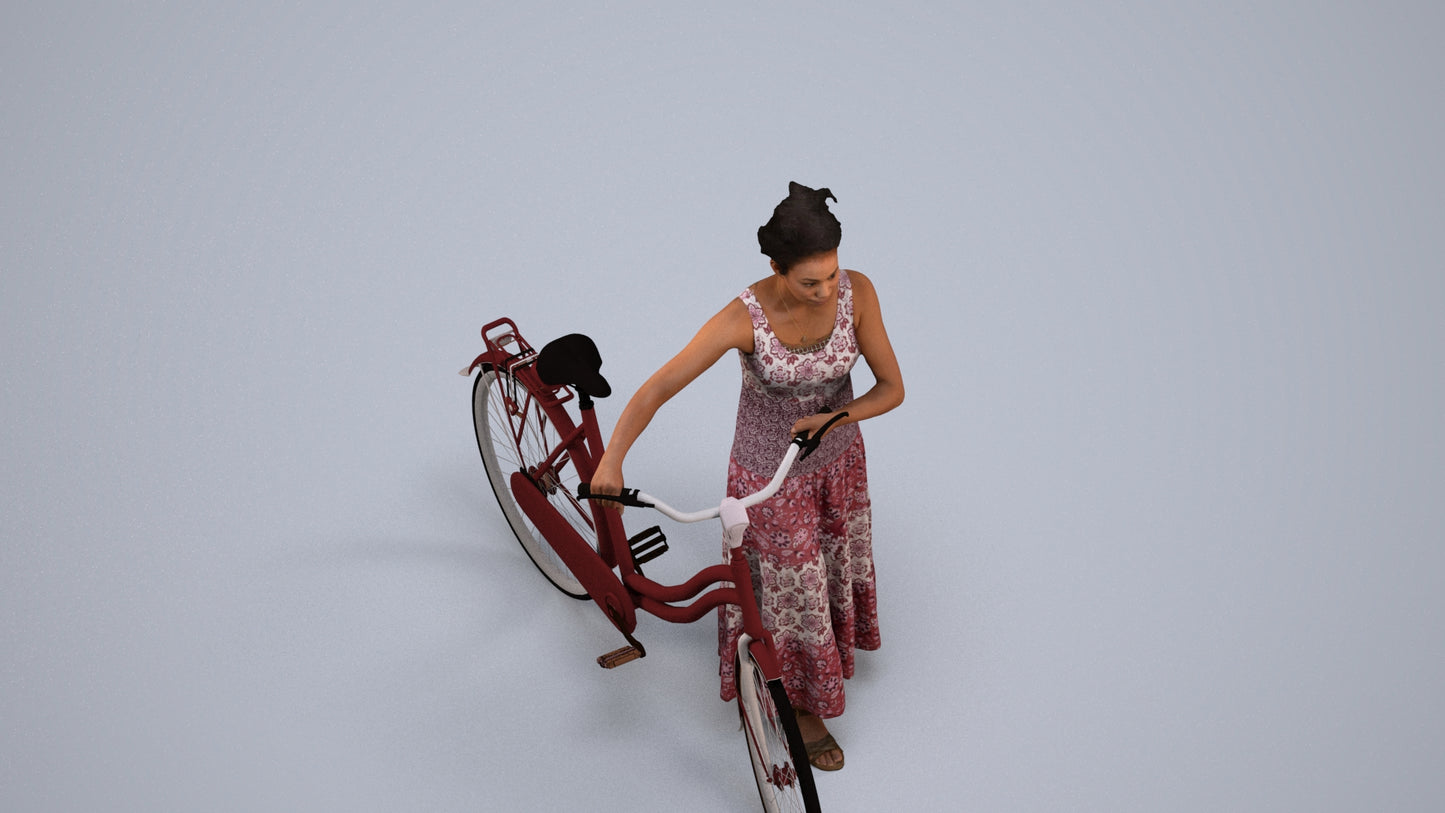 realistic 3D woman casual cycling, scanned archviz people for Blender and 3ds Max, back view render