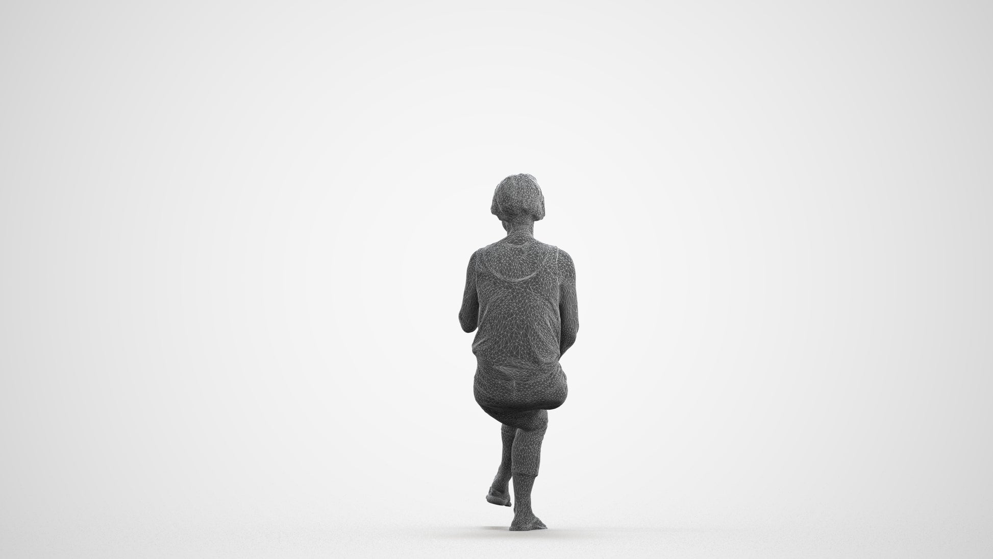 3D human model senior woman sitting, photogrammetry scanned person for archviz, wireframe front view