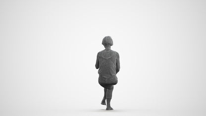 3D human model senior woman sitting, photogrammetry scanned person for archviz, wireframe front view