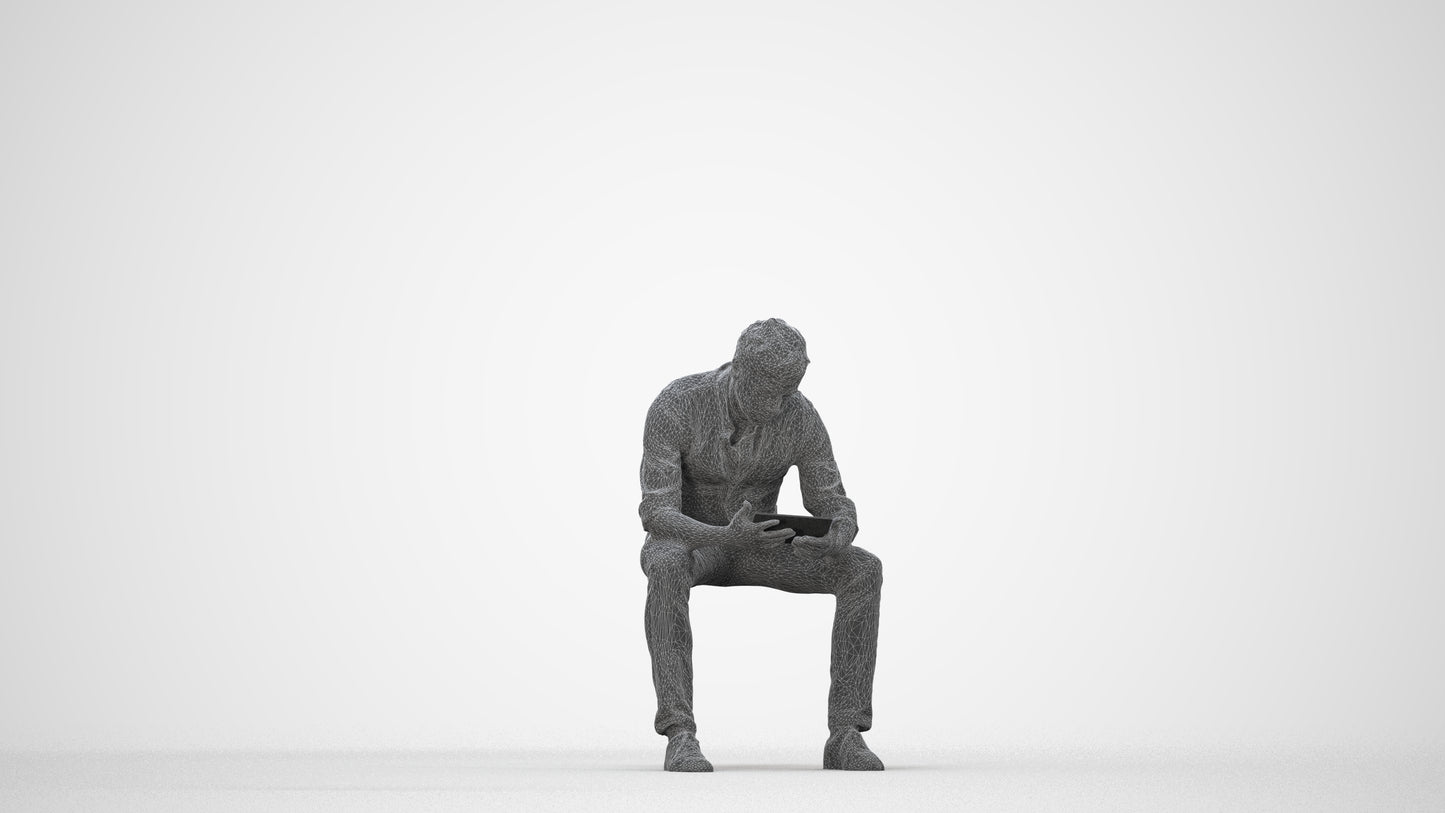 scanned 3D man casual sitting, photogrammetry people for Enscape and V-Ray, wireframe back view