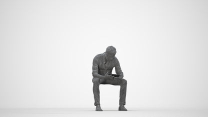 scanned 3D man casual sitting, photogrammetry people for Enscape and V-Ray, wireframe back view