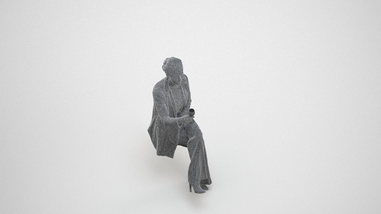 3D human model woman business sitting, photogrammetry scanned person for archviz, wireframe three-quarter view