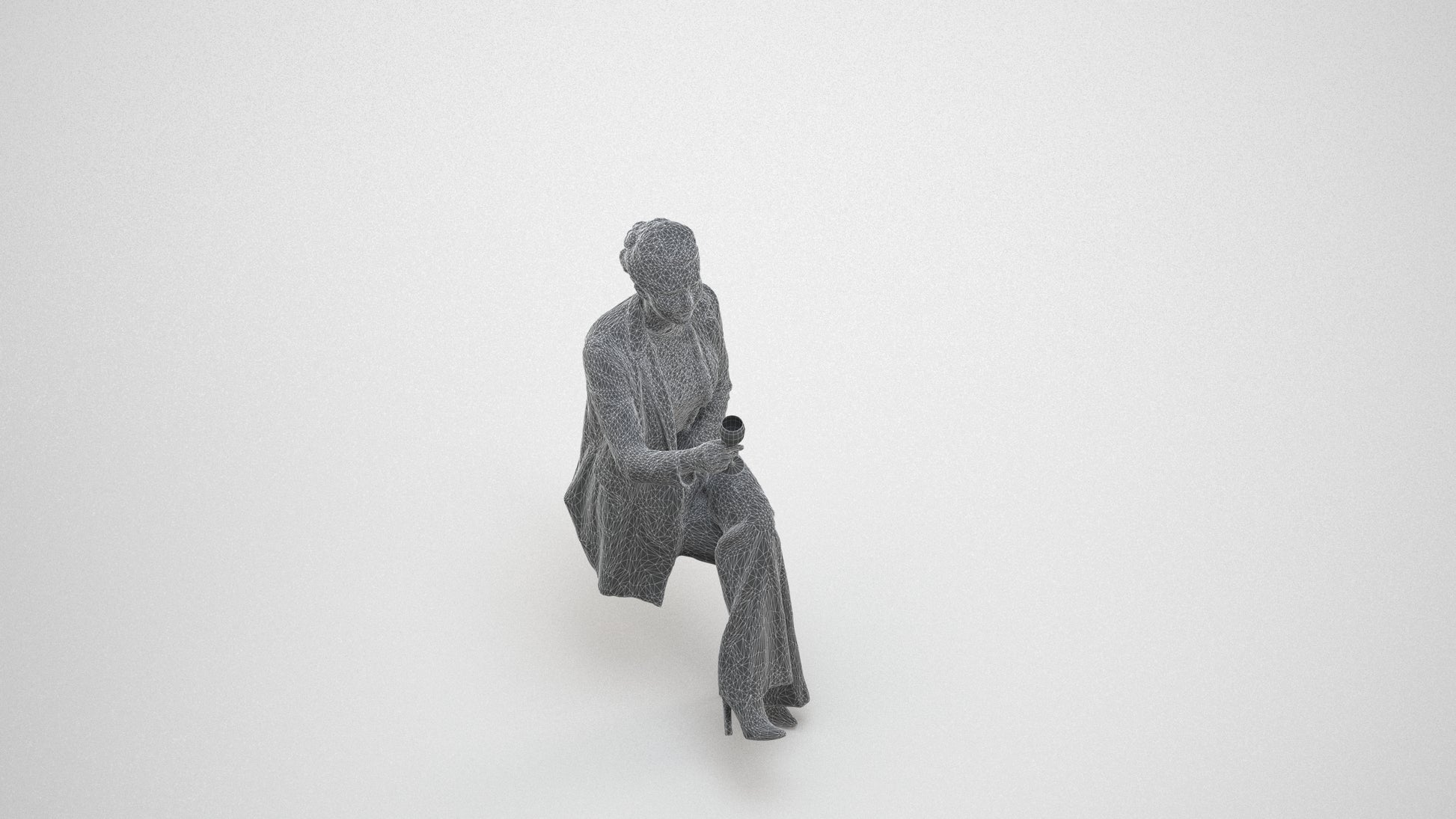 3D human model woman business sitting, photogrammetry scanned person for archviz, wireframe three-quarter view