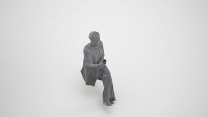 3D human model woman business sitting, photogrammetry scanned person for archviz, wireframe three-quarter view