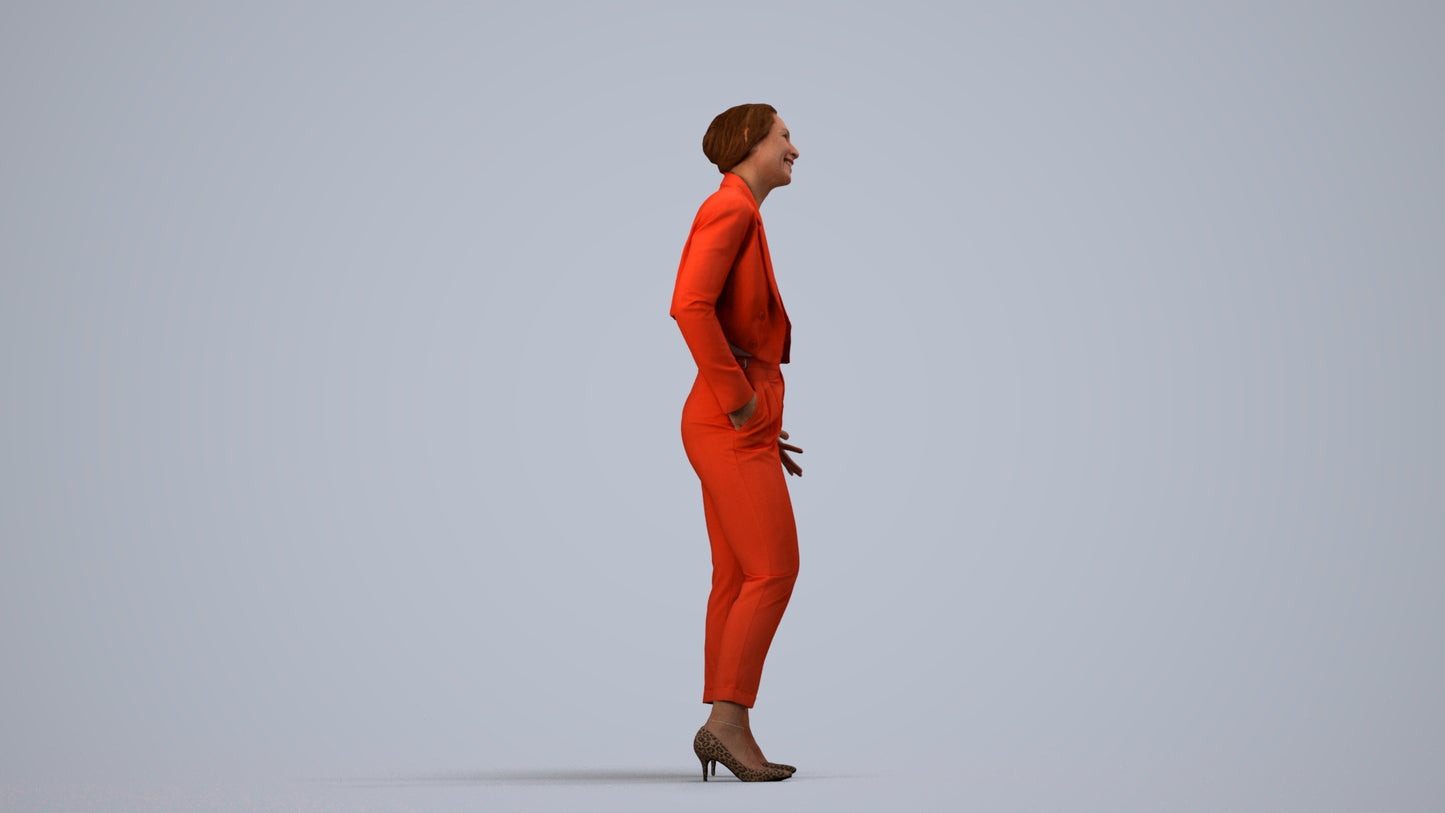 3D human model woman business, photogrammetry scanned person for archviz, side view render