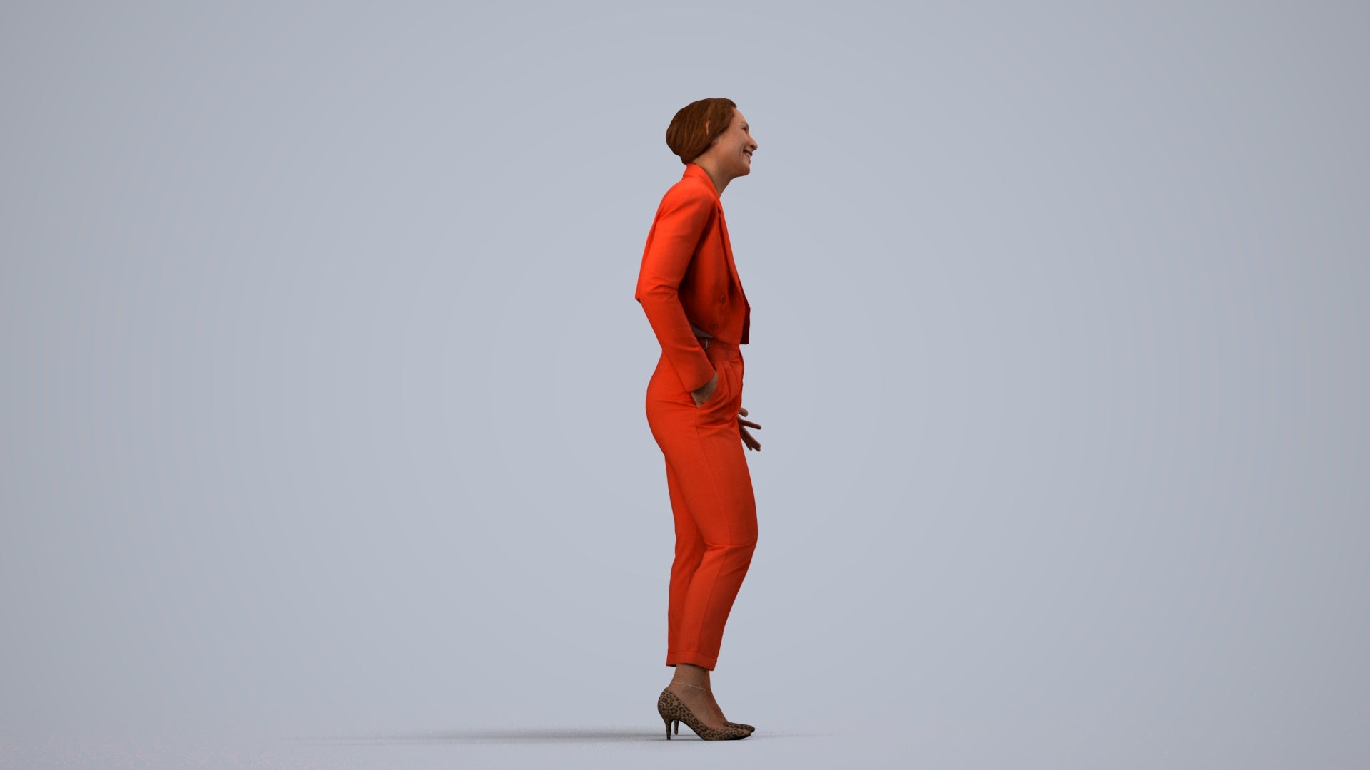 3D human model woman business, photogrammetry scanned person for archviz, side view render