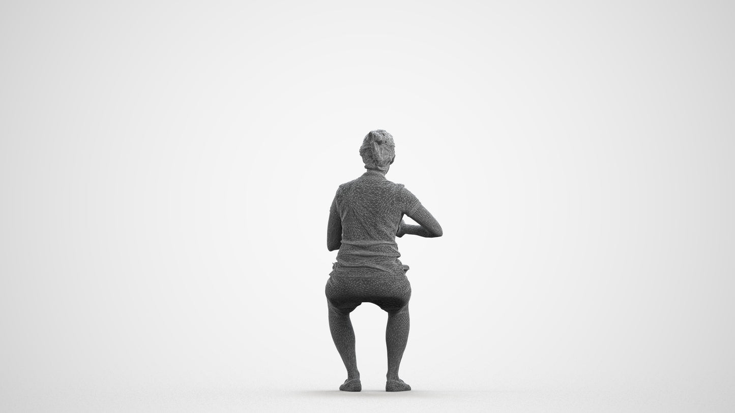 3D scanned woman sitting casual, photorealistic archviz people for Enscape and SketchUp, wireframe front view