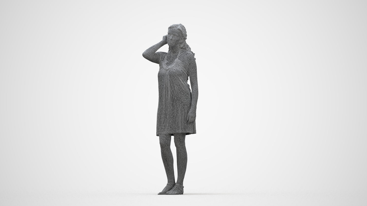 3D human model woman standing, photogrammetry scanned person for archviz, wireframe back view