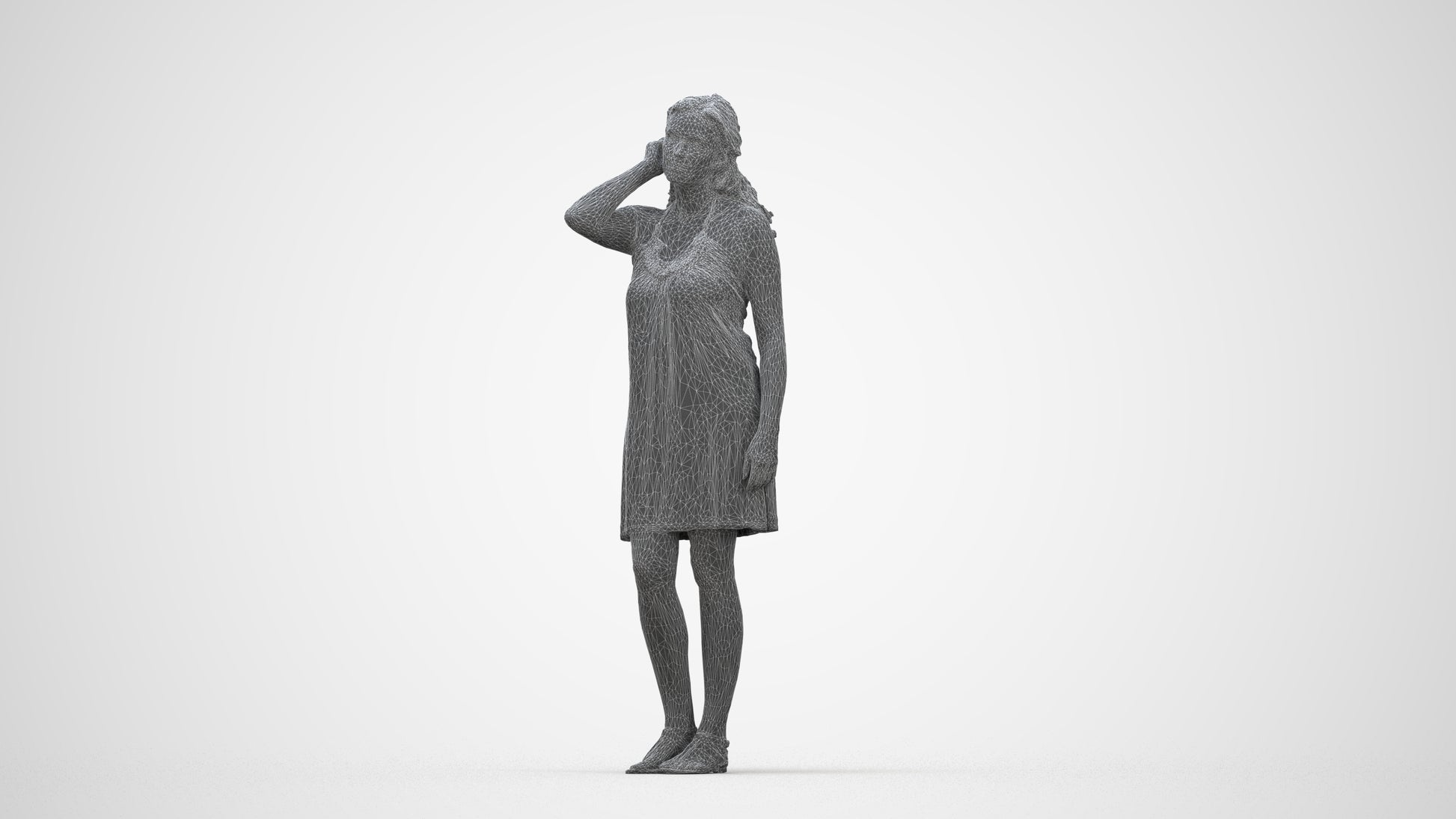 3D human model woman standing, photogrammetry scanned person for archviz, wireframe back view