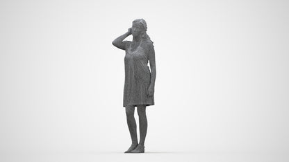 3D human model woman standing, photogrammetry scanned person for archviz, wireframe back view