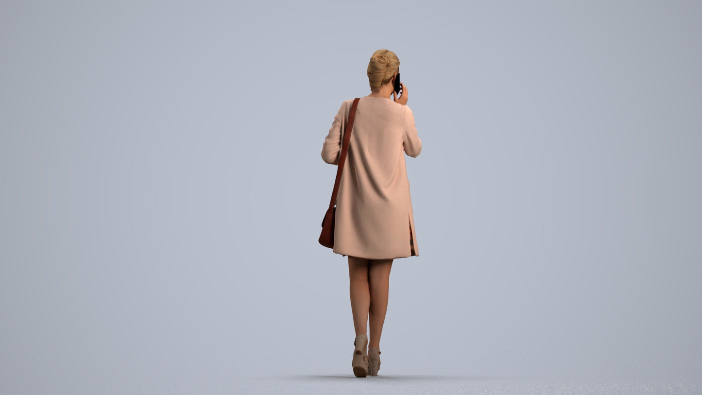 3D scanned woman walking business, photorealistic archviz people for Enscape and SketchUp, front view render