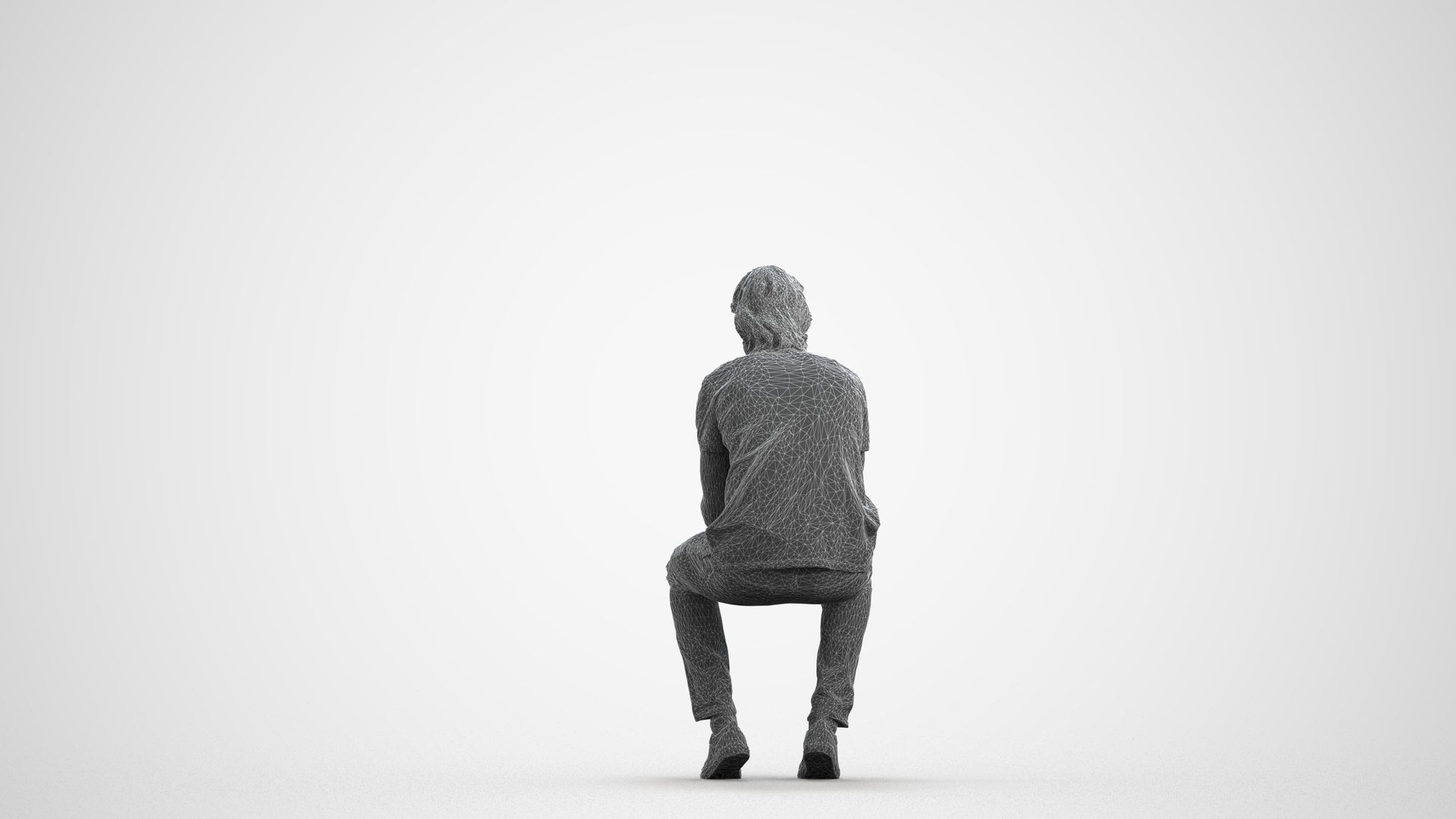 3D scanned man sitting casual, photorealistic archviz people for Enscape and SketchUp, wireframe front view