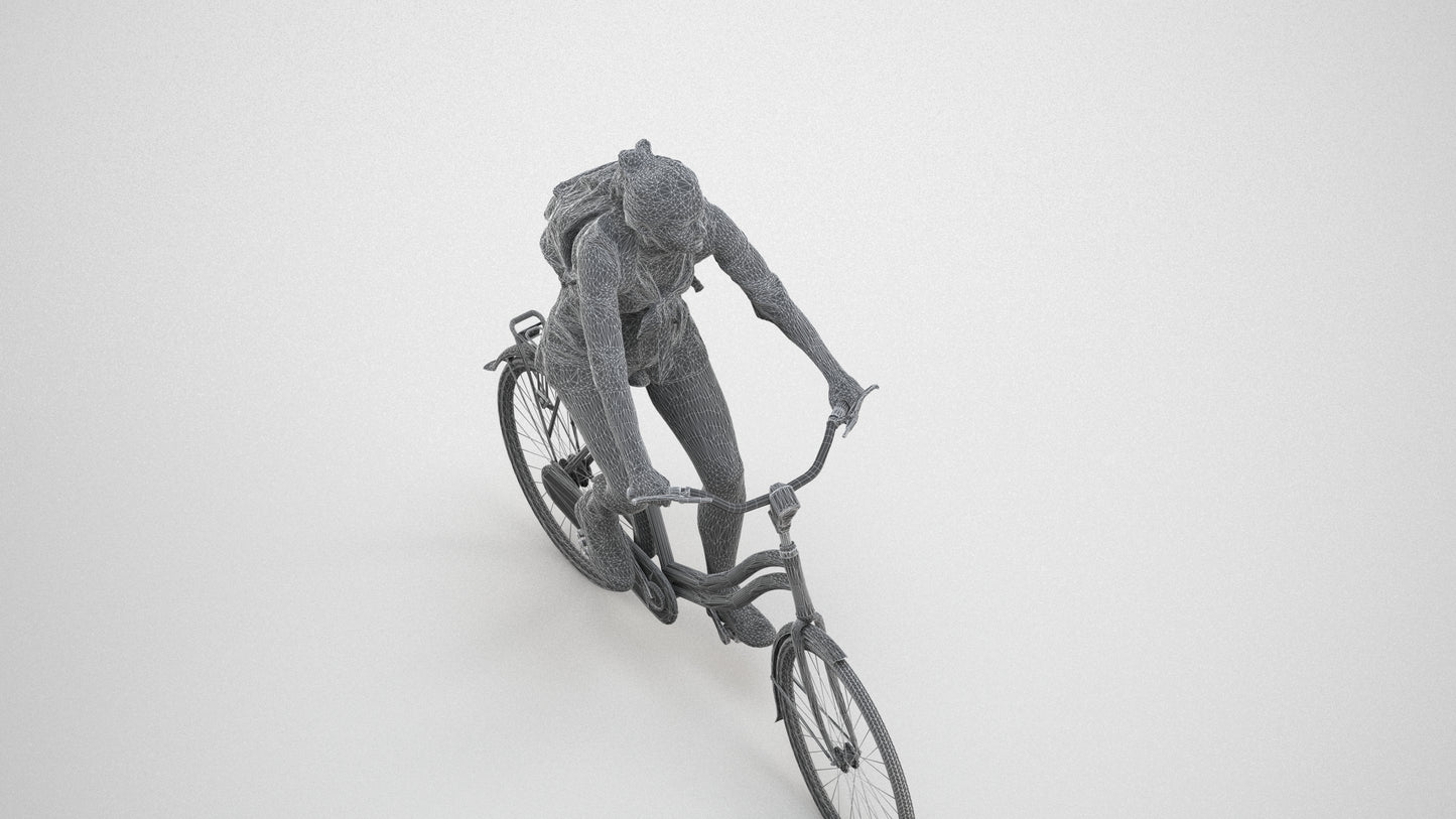 photogrammetry 3D girl casual cycling, realistic human model archviz FBX, wireframe three-quarter view
