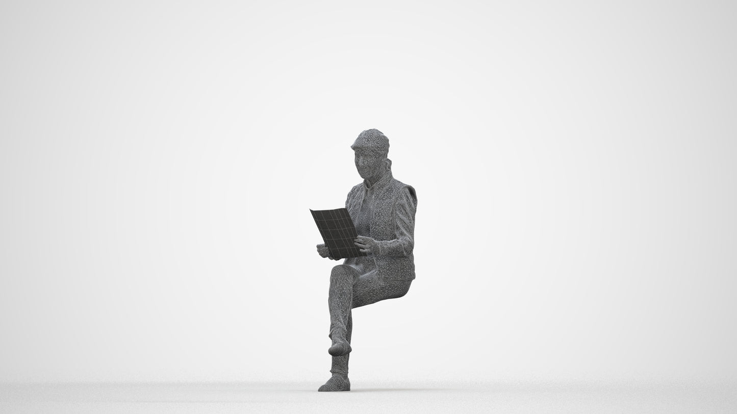 realistic 3D human senior woman casual sitting, archviz people FBX OBJ for Blender, wireframe back view