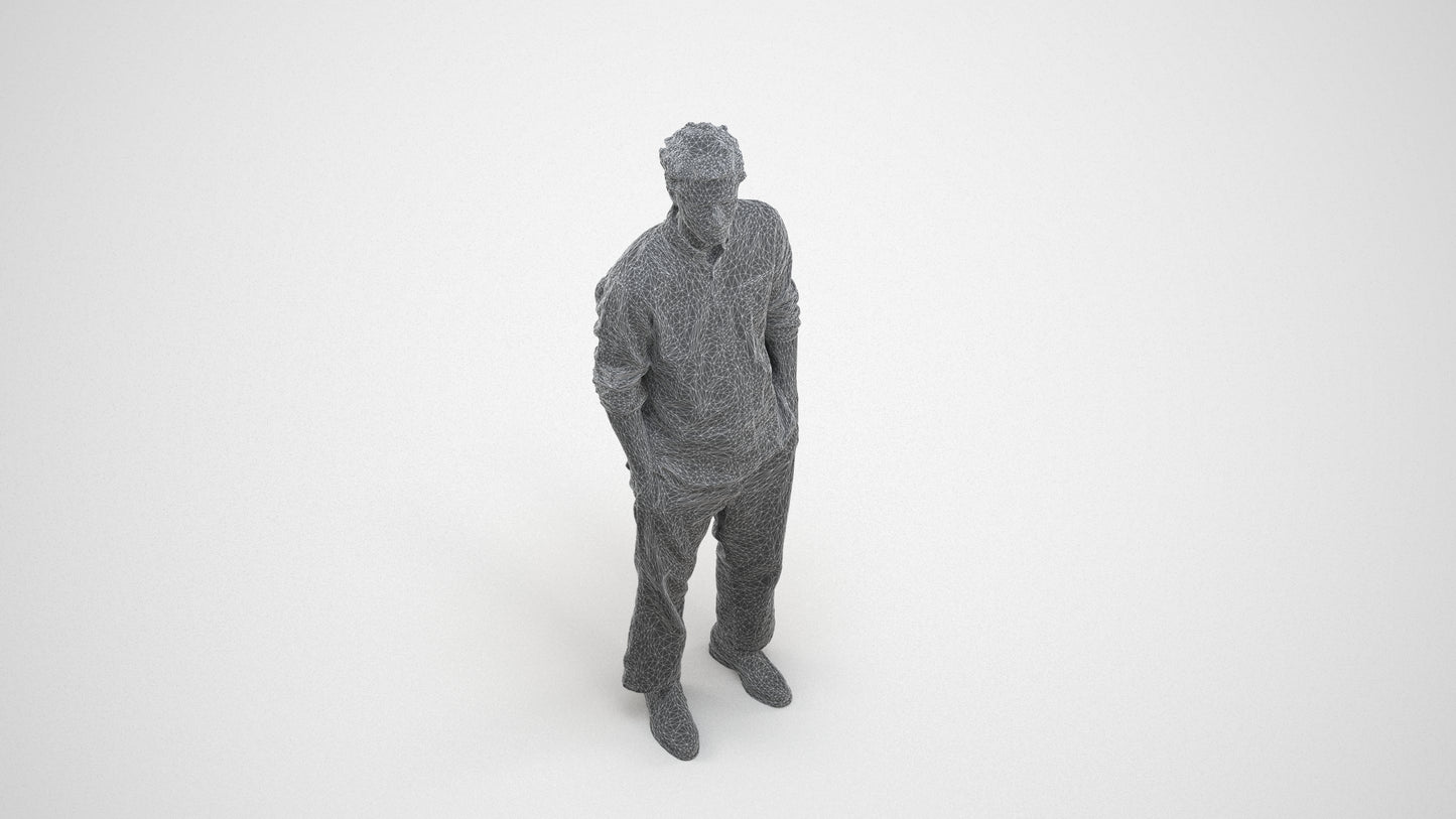 3D human model man casual standing, photogrammetry scanned person for archviz, wireframe three-quarter view
