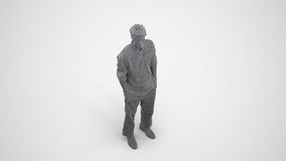 3D human model man casual standing, photogrammetry scanned person for archviz, wireframe three-quarter view