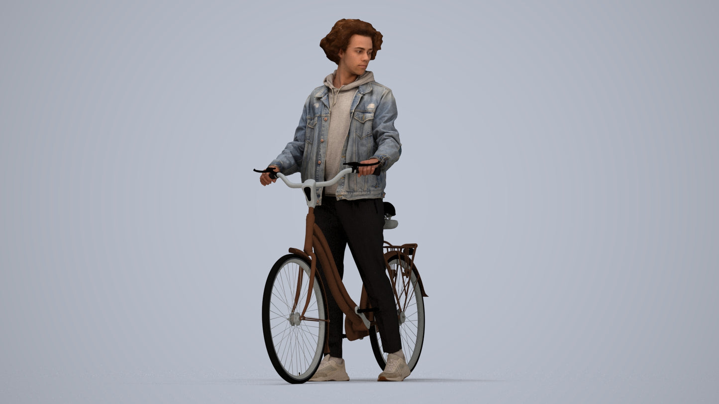 3D human model man casual cycling, photogrammetry scanned person for archviz, top-down view render