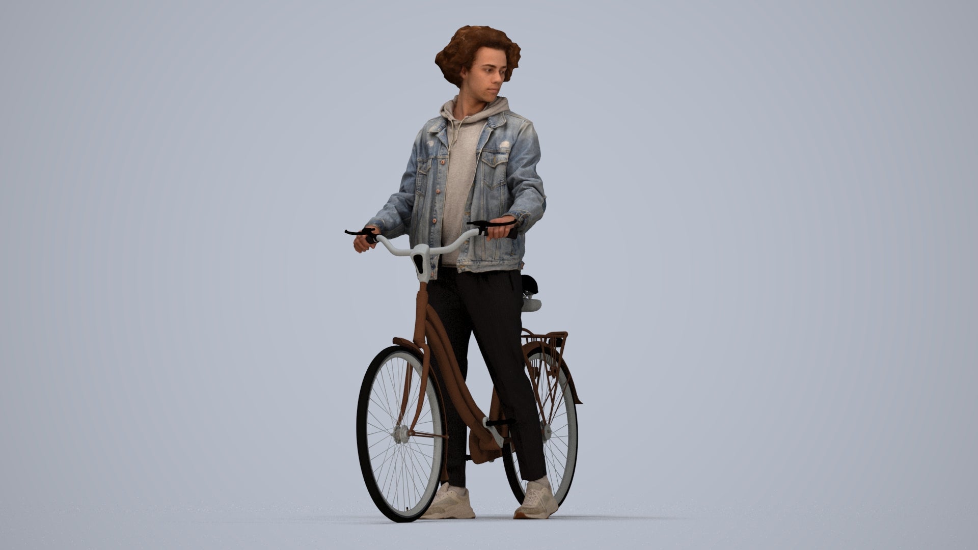 3D human model man casual cycling, photogrammetry scanned person for archviz, top-down view render