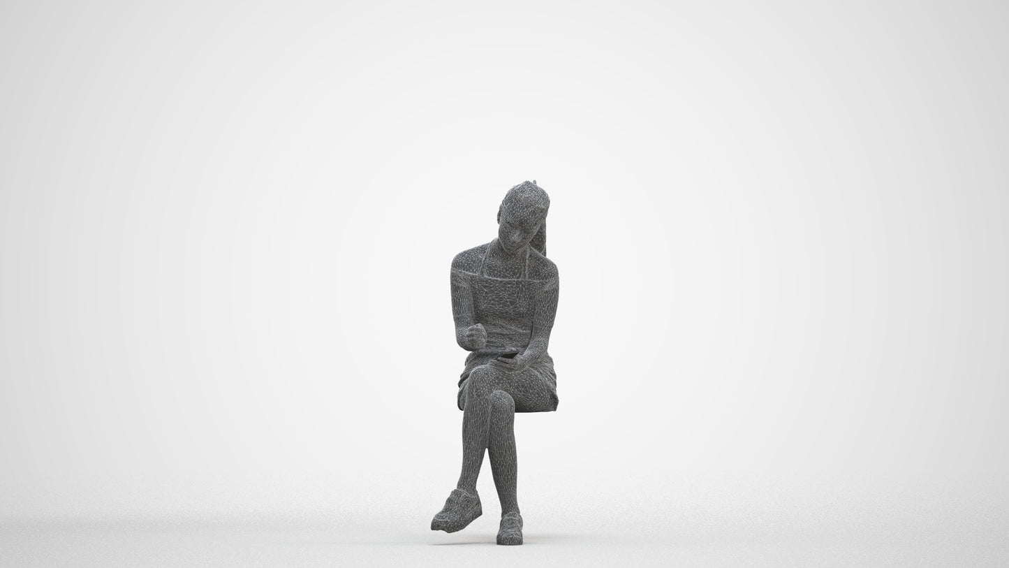 realistic 3D people woman casual sitting, render-ready for V-Ray and Corona, FBX OBJ, three-quarter front view render