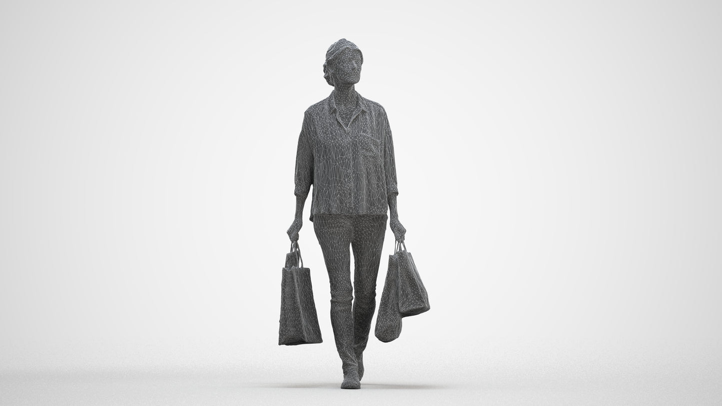 3D scanned woman shopping casual, photorealistic archviz people for Enscape and SketchUp, three-quarter front view render