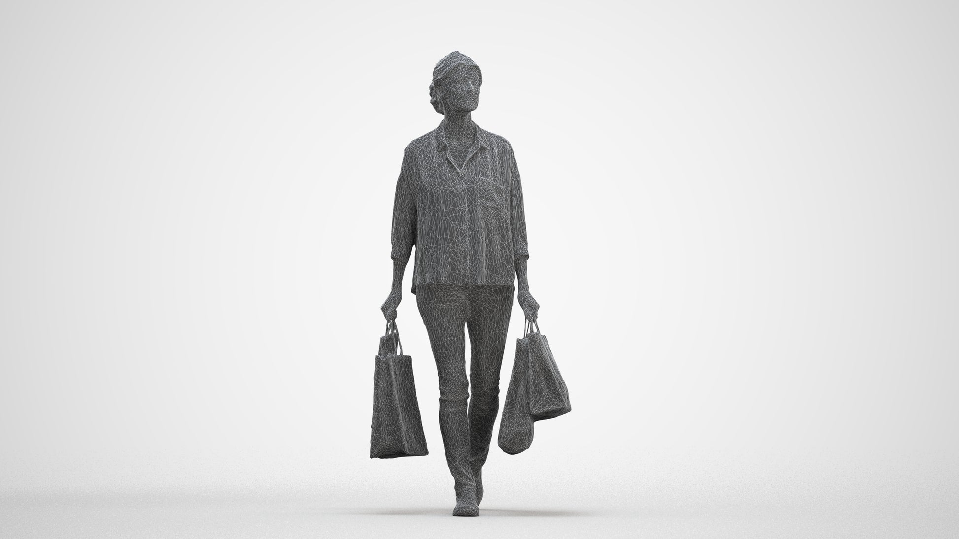 3D scanned woman shopping casual, photorealistic archviz people for Enscape and SketchUp, three-quarter front view render
