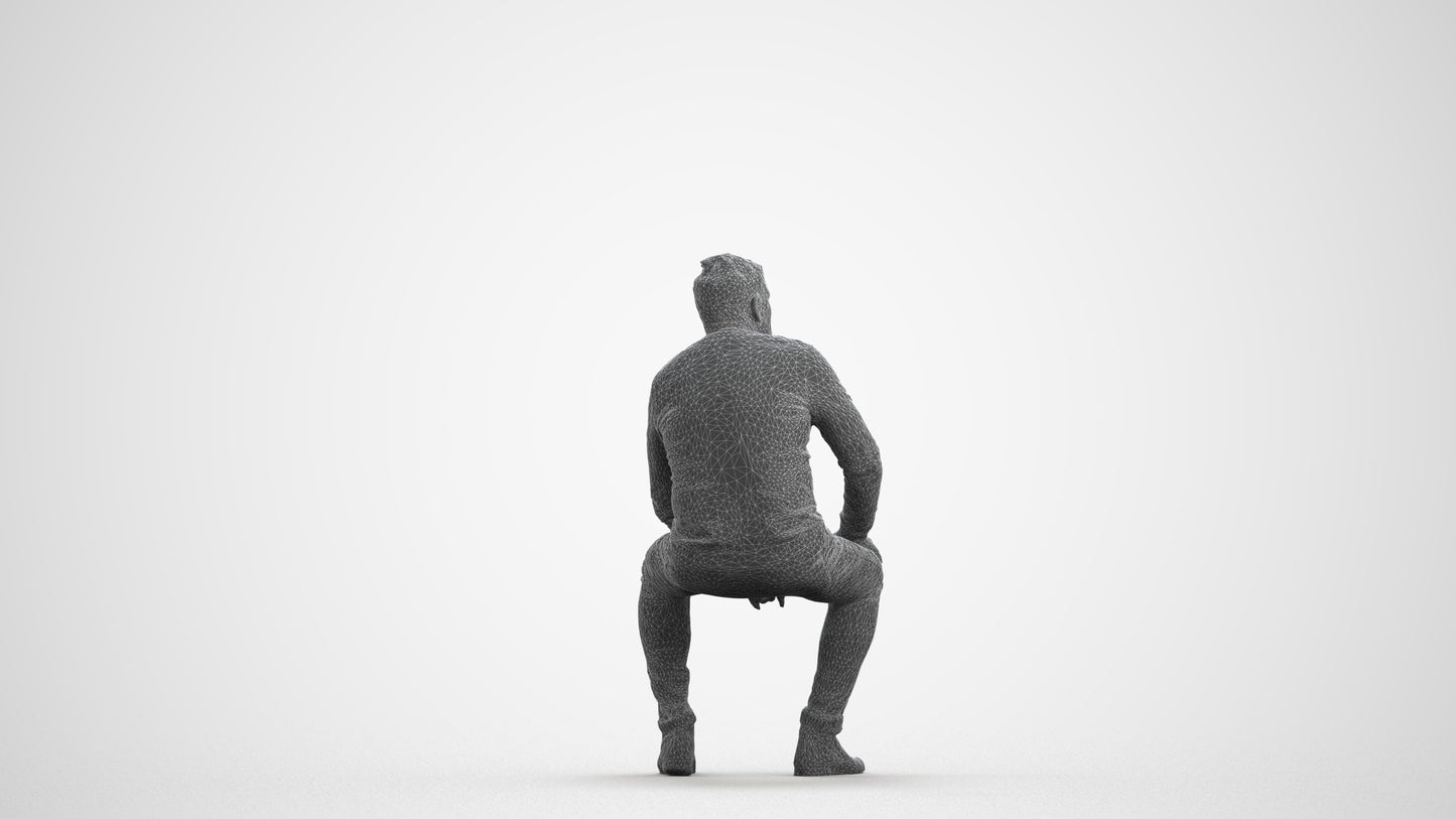 3D human model man casual sitting, photogrammetry scanned person for archviz, wireframe front view