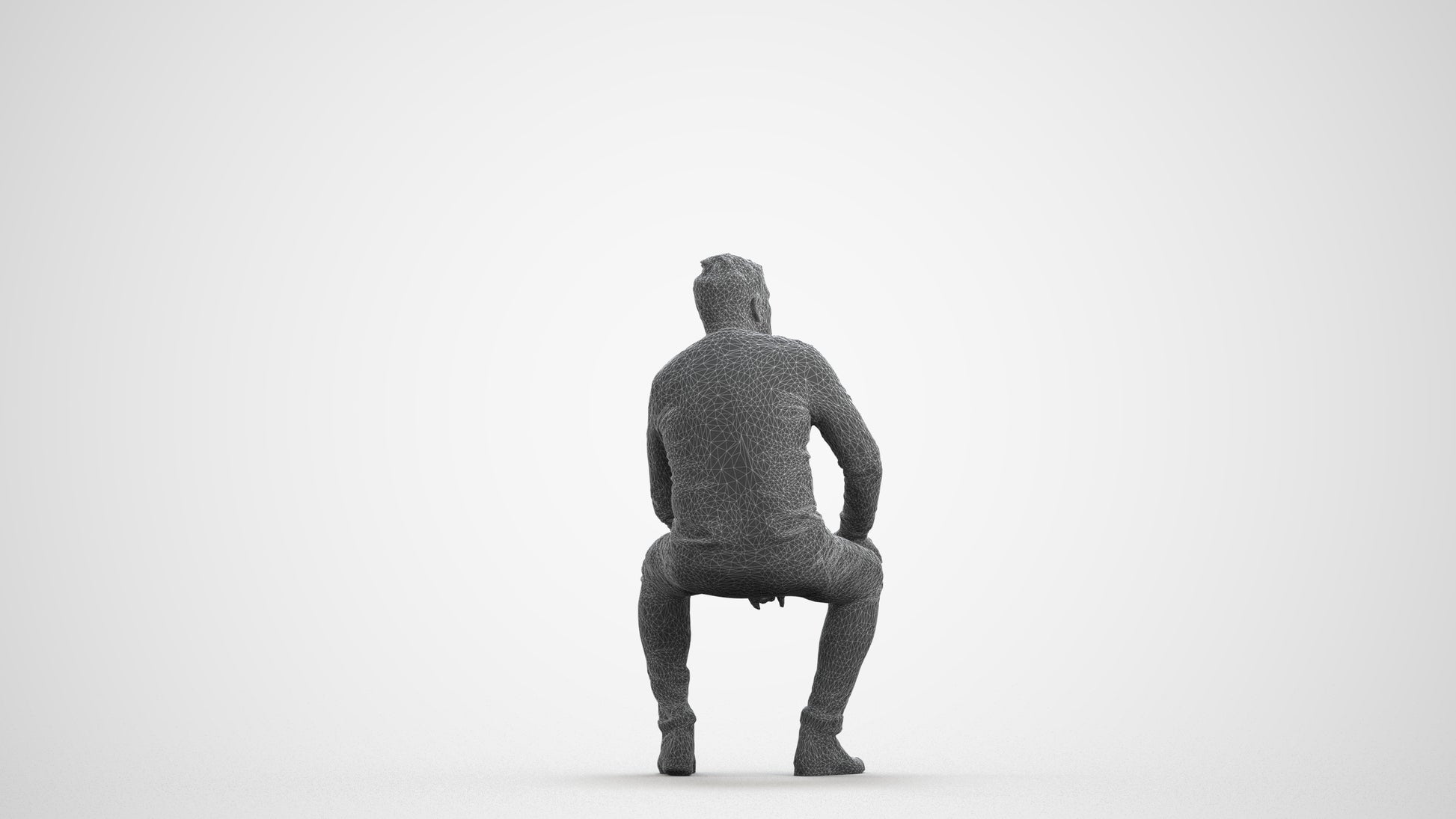 3D human model man casual sitting, photogrammetry scanned person for archviz, wireframe front view