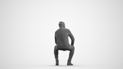 3D human model man casual sitting, photogrammetry scanned person for archviz, wireframe front view
