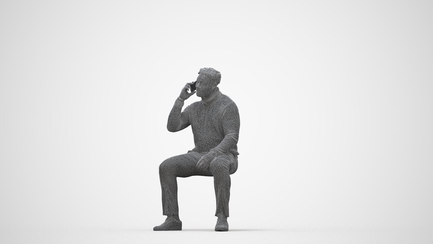 3D human model man casual sitting, photogrammetry scanned person for archviz, wireframe back view