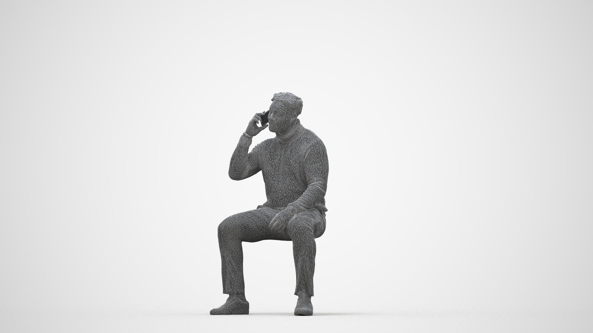 3D human model man casual sitting, photogrammetry scanned person for archviz, wireframe back view