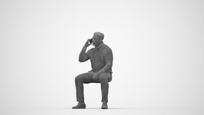 3D human model man casual sitting, photogrammetry scanned person for archviz, wireframe back view